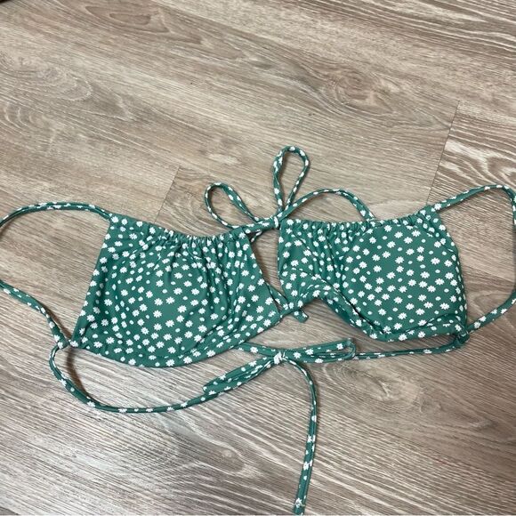 ZAFUL Ditsy Floral Frilled Tie Front String Top Bikini Swimwear - Green L - Picture 2 of 5
